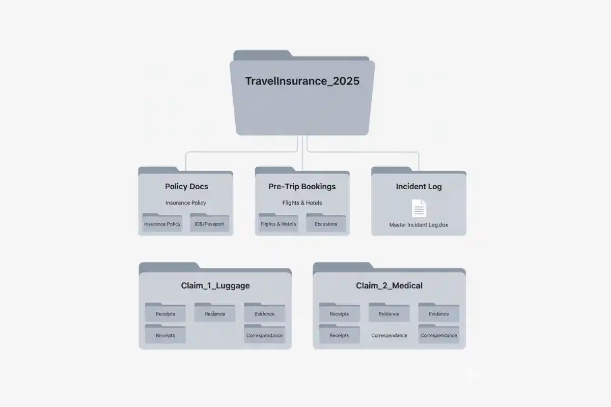 Digital folder layout in Google Drive for storing insurance documents by trip and claim type
