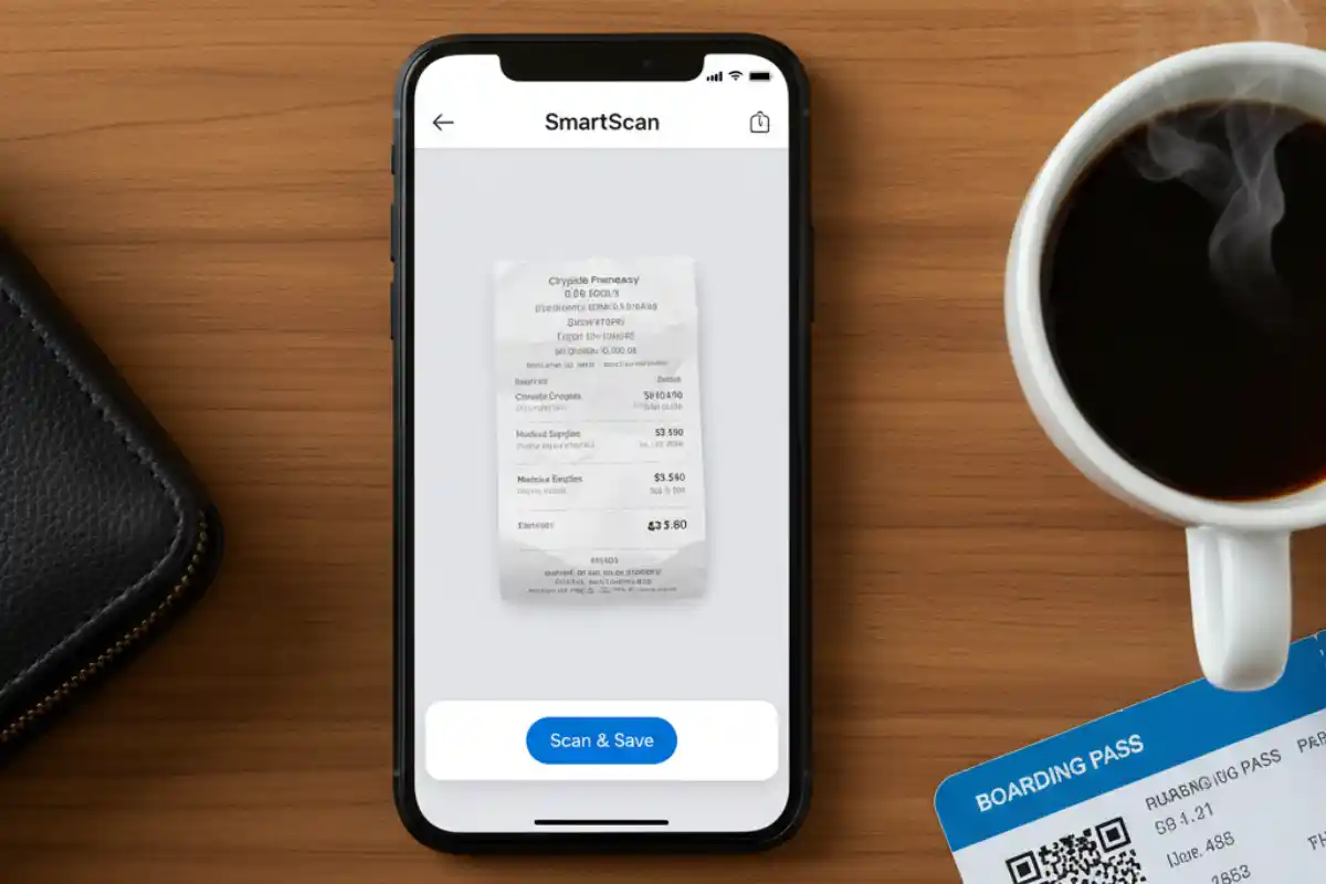 Using a receipt scanning app on a phone while traveling to store expenses for insurance claims