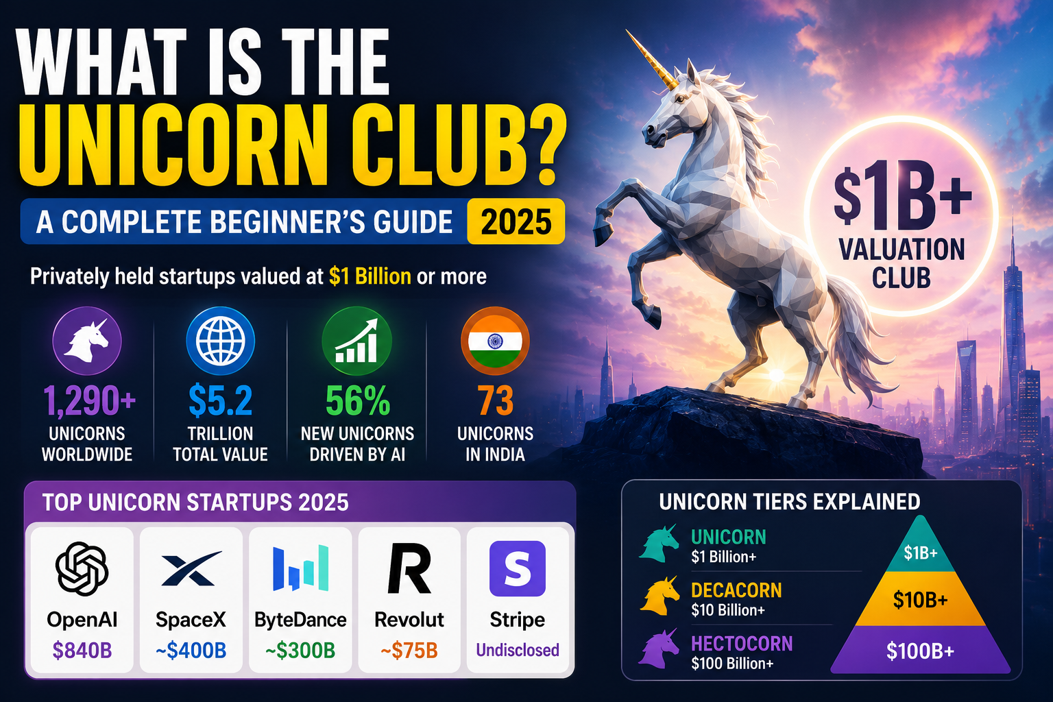 Featured image showing a white unicorn standing before a futuristic city skyline, representing the Unicorn Club of privately held startups valued at over $1 billion, with global unicorn statistics and top unicorn companies in 2026