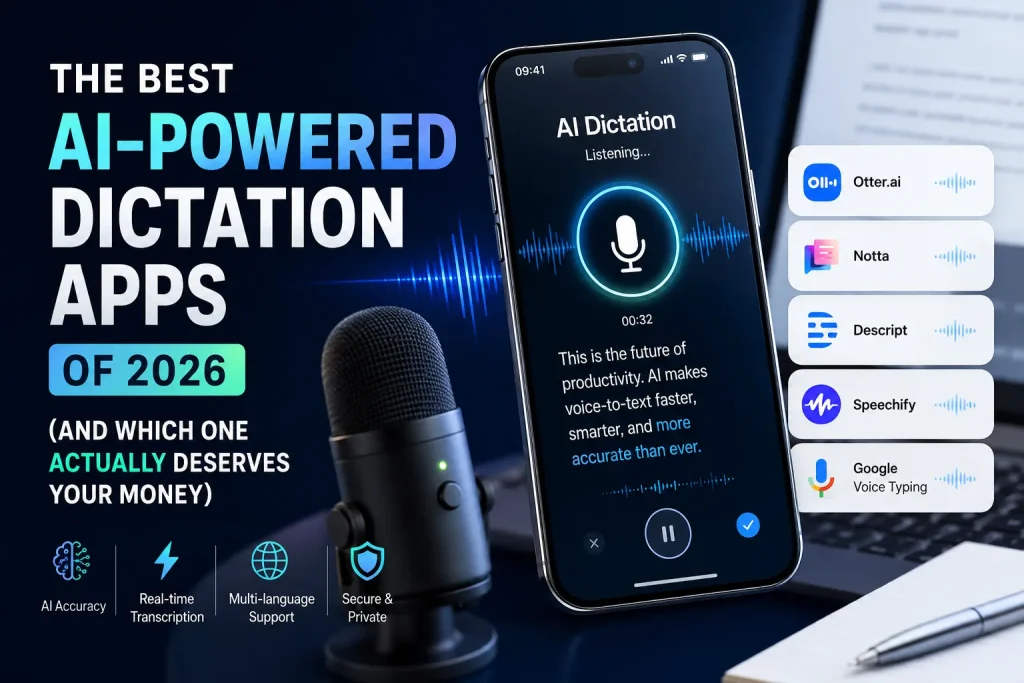 AI-powered dictation apps of 2026 featuring voice-to-text technology, microphone, smartphone, and popular transcription tools