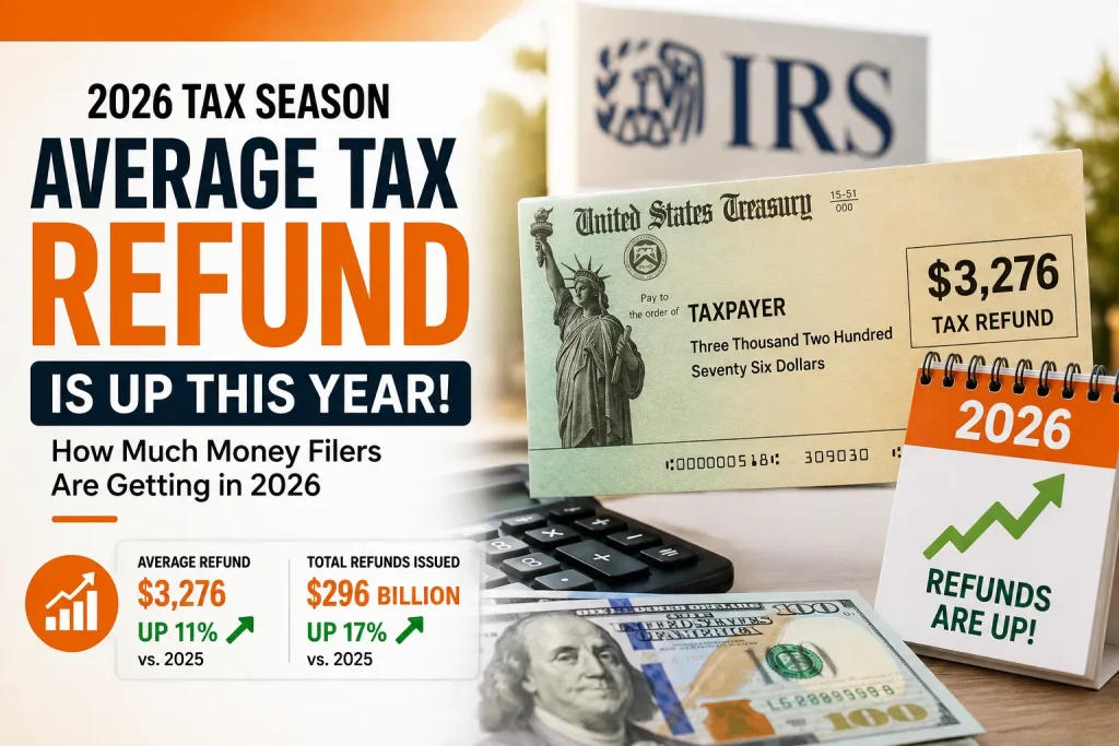 2026 tax refund average of $3,276 with IRS check, calculator, cash, and refund growth chart